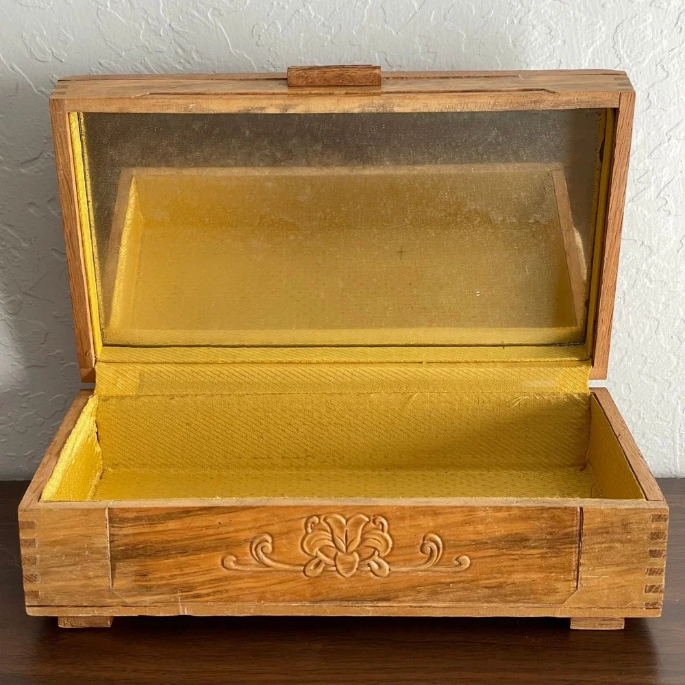 Vintage Hand Carved Engraved Wooden Box Gold Lining Jewelry Trinket Mirror 11x6